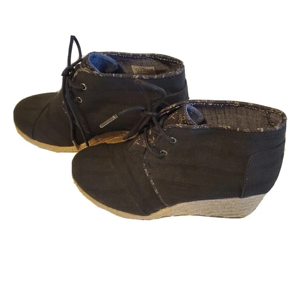 Toms Desert Lace Up Canvas Espadrille Wedge Ankle Boot Black Women's sz 6 - Picture 4 of 5